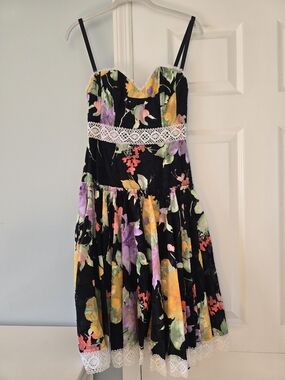Tracy Feith Black Floral Midi Dress with White Lace Trim
